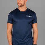 Men's navy moisture wicking crewneck t-shirt with white logo.