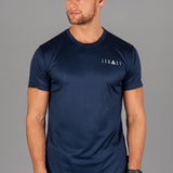 Men's navy moisture wicking crewneck t-shirt with white logo.