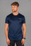 Men's navy moisture wicking crewneck t-shirt with white logo.