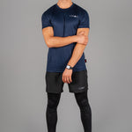 Men's navy moisture wicking crewneck t-shirt with white logo.