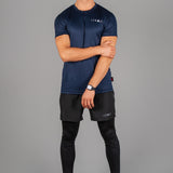 Men's navy moisture wicking crewneck t-shirt with white logo.