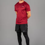 Men's burgundy moisture wicking crewneck t-shirt with white logo.