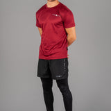Men's burgundy moisture wicking crewneck t-shirt with white logo.